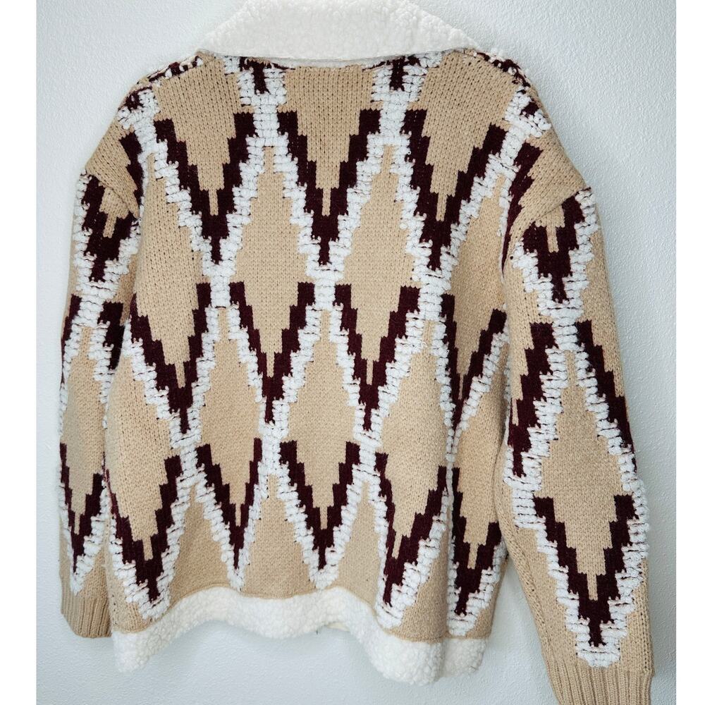 a. peach Tan Ivory Burgundy Southwest Print Button Collared Sweater Jacket S - Picture 7 of 13